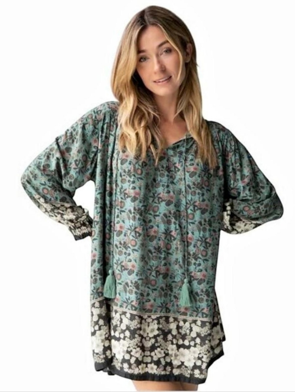 Natural Life Dara Blue Turquoise Floral Boho Tunic Mini Dress Large